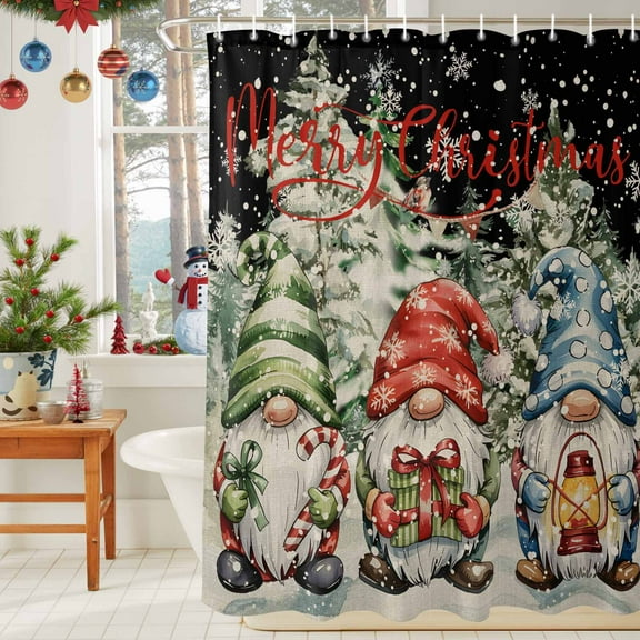 Shower Curtain Bathroom Set Merry Christmas Gnome Xmas Tree Winter Snowflakes Waterproof Fabric Shower Curtains with Grommets&Hooks Vintage Linen Privacy Bath Curtain for Bathtub 36x72in