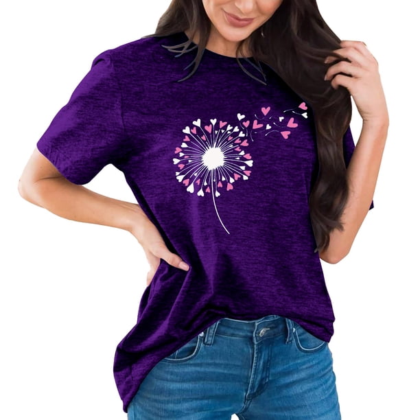Ploknplq Plus Size Graphic Tees for Women,Shirts for Women,T Shirts for Women,Dandelion Graphic T Shirts Teen Cute Sunflower Print Tops,Graphic T-shirts,Beach Vacation Clothes for Women Purple XL