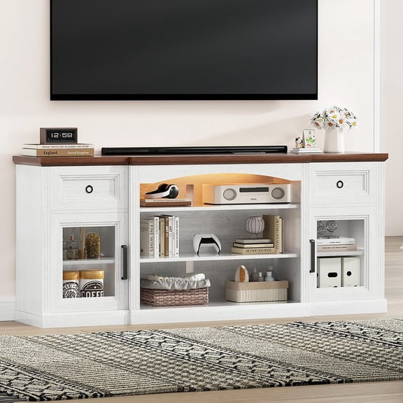 Farmhouse TV Stand, 70" Farmhouse TV Console for 70/75/80/85 inch TV, with Power Outlets, 2 Drawers, Transparent Doors Storage Cabinet & Adjustable Shelves, LED Light, Antique White