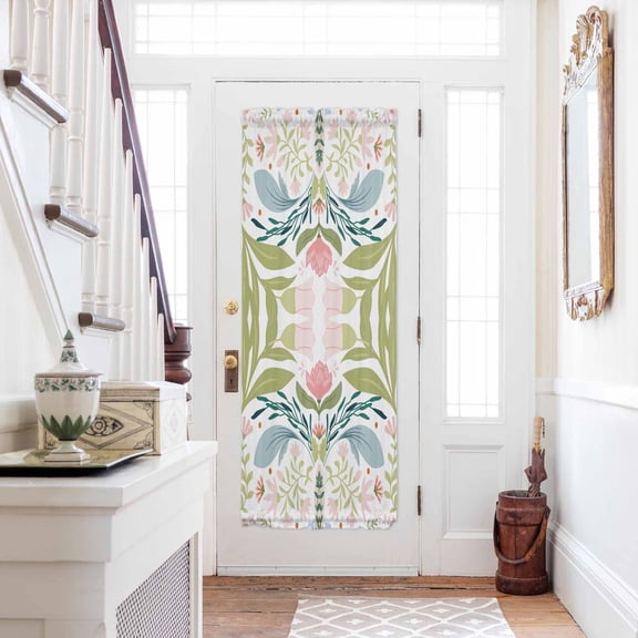 Boho Green Flower Door Curtains for Door Window, French Sidelight Front Back Door Curtains With Tieback, Botanical Watercolor Leaf Floral Kitchen Rod Pocket Drapes Panel, 54"x72"