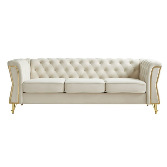 Modern Tufted Velvet Sofa 87.4 Inch Beige Living Room Sofa with Gold Metal Frame & Diamond Stitch Design - Solid Wood Frame & High-Density Foam Comfort Furniture