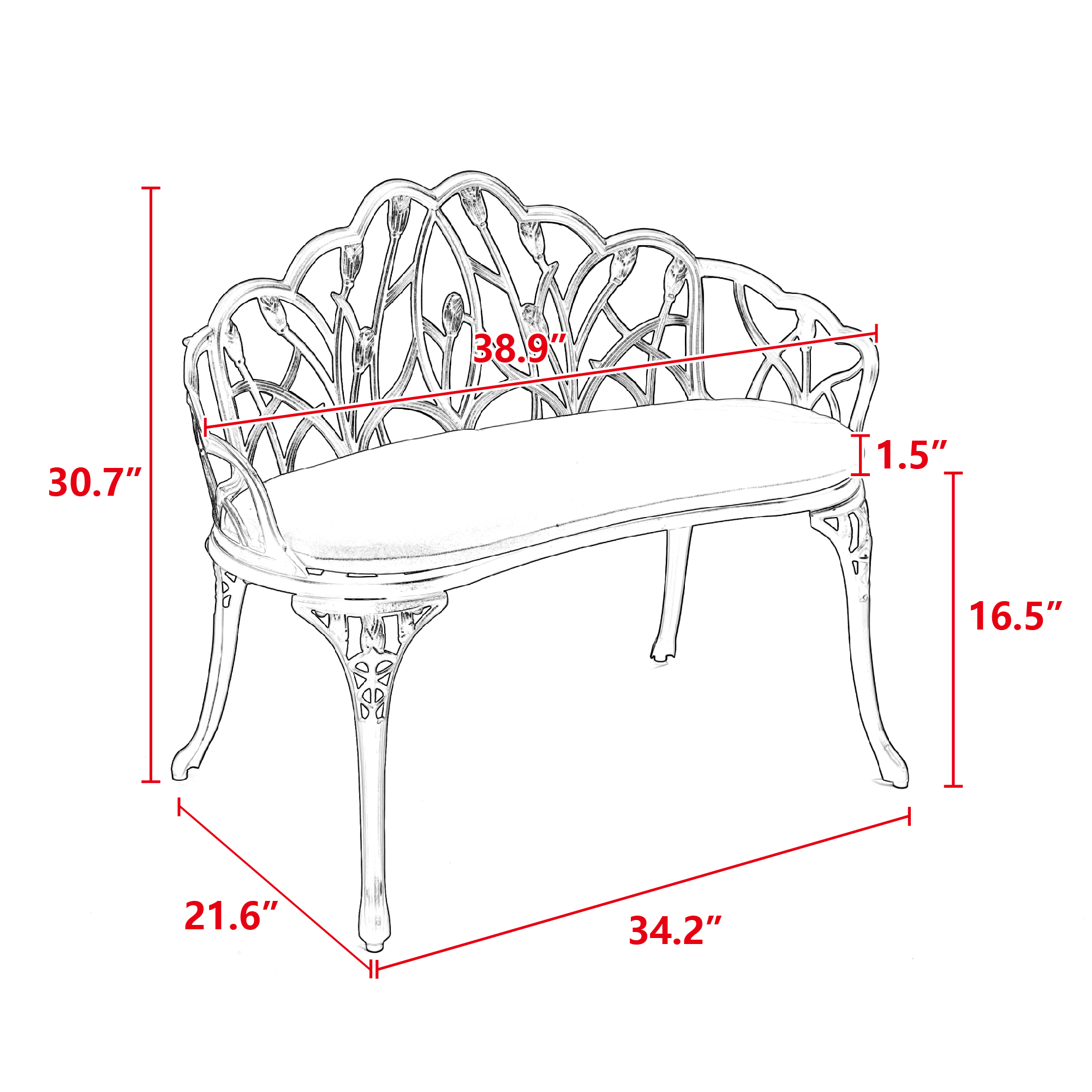 Patio Garden Bench Metal Park Bench Cast Aluminum Outdoor Furniture with Floral Rose for Patio, Park, Lawn, Yard with Cushion