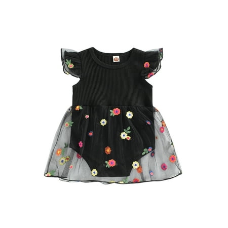 

Calsunbaby Toddler Infant Baby Girls Summer Floral Romper Dress Fly Sleeve Round Neck Ribbed Knit Tutu Skirt Bodysuit Black 18-24 Months