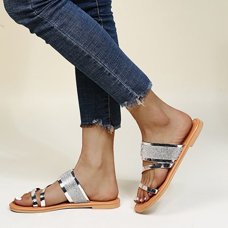 

ZXHACSJ Summer Women s Shoes Large Size Bright Surface Solid Color Flat Bottom Slippers Silver 39