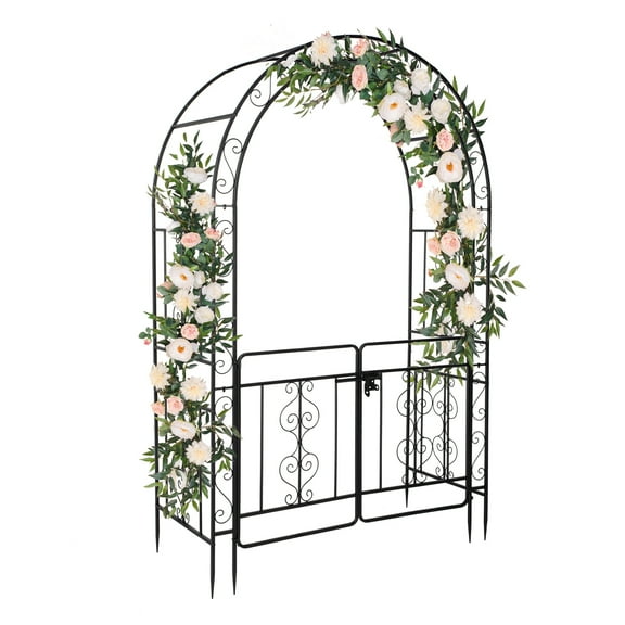 HiiKaa 7FT Garden Arch Arbor with Entry Door,Heavy Duty Metal Arbour Archway,Decorative Frame Stand Trellis with Ground Stakes for Wedding Ceremony Party Plant Climbing Rose Vines Patio Black