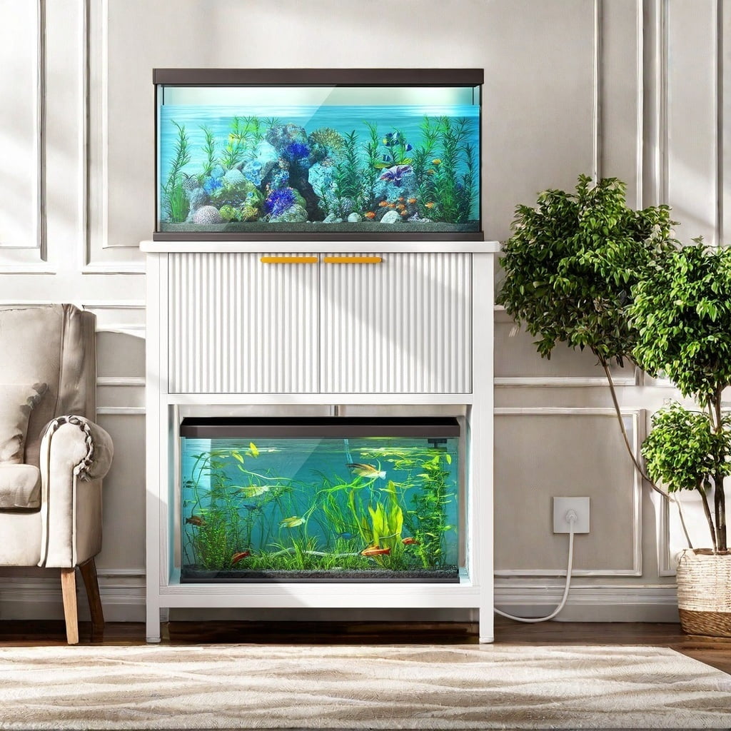 Uforic Heavy Duty Metal Aquarium Stand with Power Outlets, 20-30 Gallon Fish Tank Stand, Turtle Tank, Reptile Terrarium with Cabinet, 680LBS Capacity-White