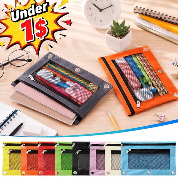 Under $1 Pencil Pouch for 3 Ring Binder, Durable Cloth Pencil Case with Double Zipper Clear Mesh Window and Dual Compartments, Organizer for Office Supplies and Daily Use (Green)