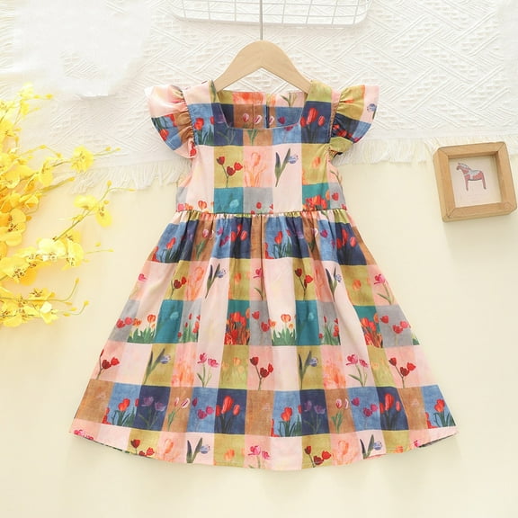 JUoaLXG Baby Girls Casual Dresses Summer Floral Print Sleeveless Ruffles Vintage Dress Activewear,Multicolor,18-24 Months