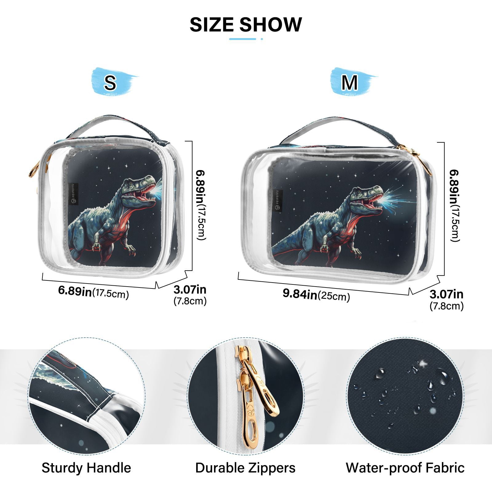 Clear Makeup Bags with Handle Large Opening 2 Pack Set Toiletry Bag Quart Size Bag, for Women Man Traveling Travel Essentials, Toiletries and Other. Dinosaur