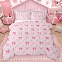 Homewish Kawaii Princess Bowknot Queen Comforter Set, Cartoon Pink Ribbon Bedding Sets, Teens Kids Girl Female Reversible Bedding Comforter Set, Breathable Home Decor, 3-Piece