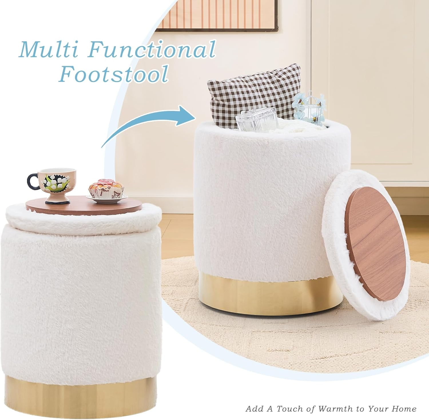 Casa Pura Furniture Elegant Storage Ottoman with Decorative Wooden Lid Modern Stylish Storage Solution for Living Room, Bedroom, and More