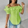 thumbnail image 5 of BYHONG Women Off Shoulder Layered Ruffles Button Down Asymmetrical Hem Top Women's Ruffle Trim Off Shoulder Short Sleeve Blouse Party Tops Shirt Green S, 5 of 9