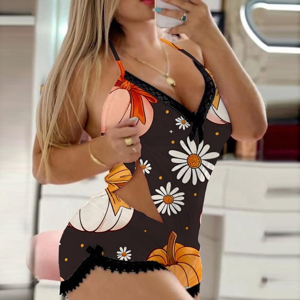 MKLEKYY Conjunto De 2 Piezas De Camisola Sexy Para Mujer, Pantalones Cortos Con Estampado De Calabaza, Ropa De Dormir Con Encaje Sin Espalda, Lencería Con Ribete, Pantalones Cortos, Traje