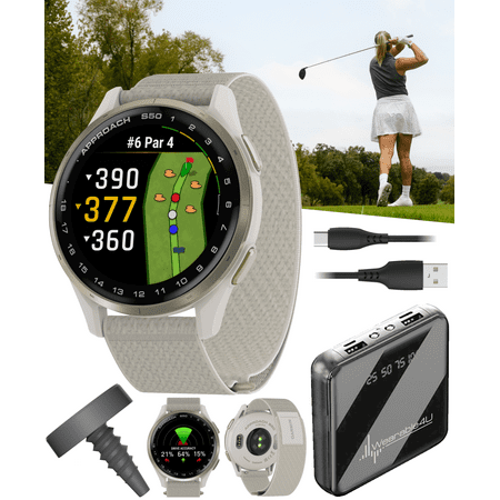 Garmin Approach S50 Golf GPS Smartwatch Cream Gold Aluminum Bezel with Ivory ComfortFit Nylon Band, CT1 Club Tracking Tags with Wearable4U Power Bank Bundle