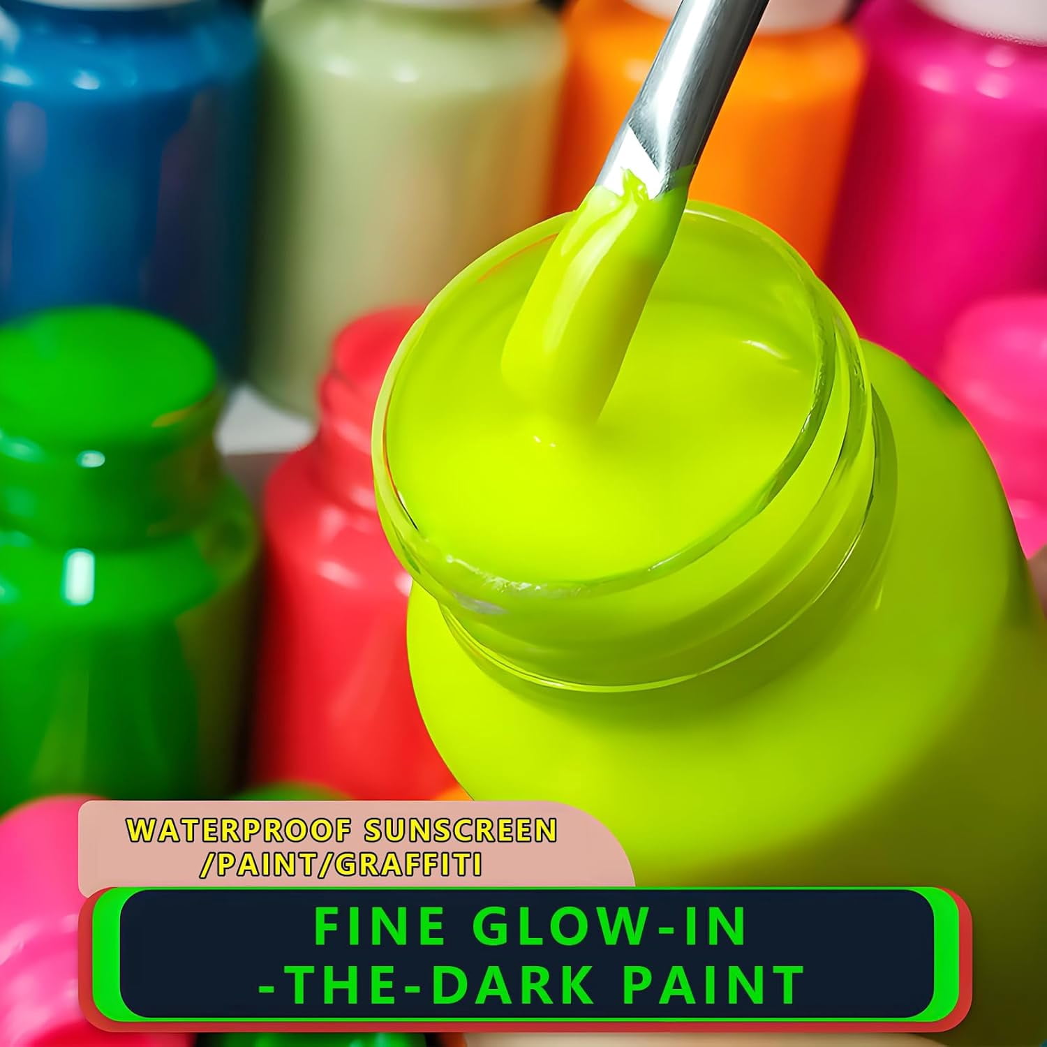 GOODTAKE Acrylic Glow Paint, 12 bright colors Liquid Fluorescent Paint, Neon Glow in the Dark Paint, Halloween decorations, DIY crafts, Black Glow paint 25ml with brush
