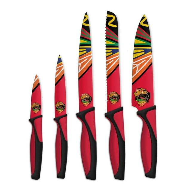 NHL officially licensed five-piece Chicago Blackhawks knife set featuring team logo and vibrant blade designs with ergonomic black handles.