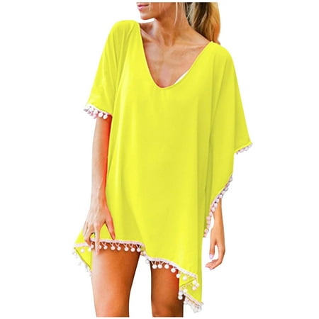 Summer Savings! Lovzfmll Swimwear Cover-ups for Women  Women Trim Kaftan Chiffon Tassels Swimwear Beach Loose Bikini Cover up Yellow