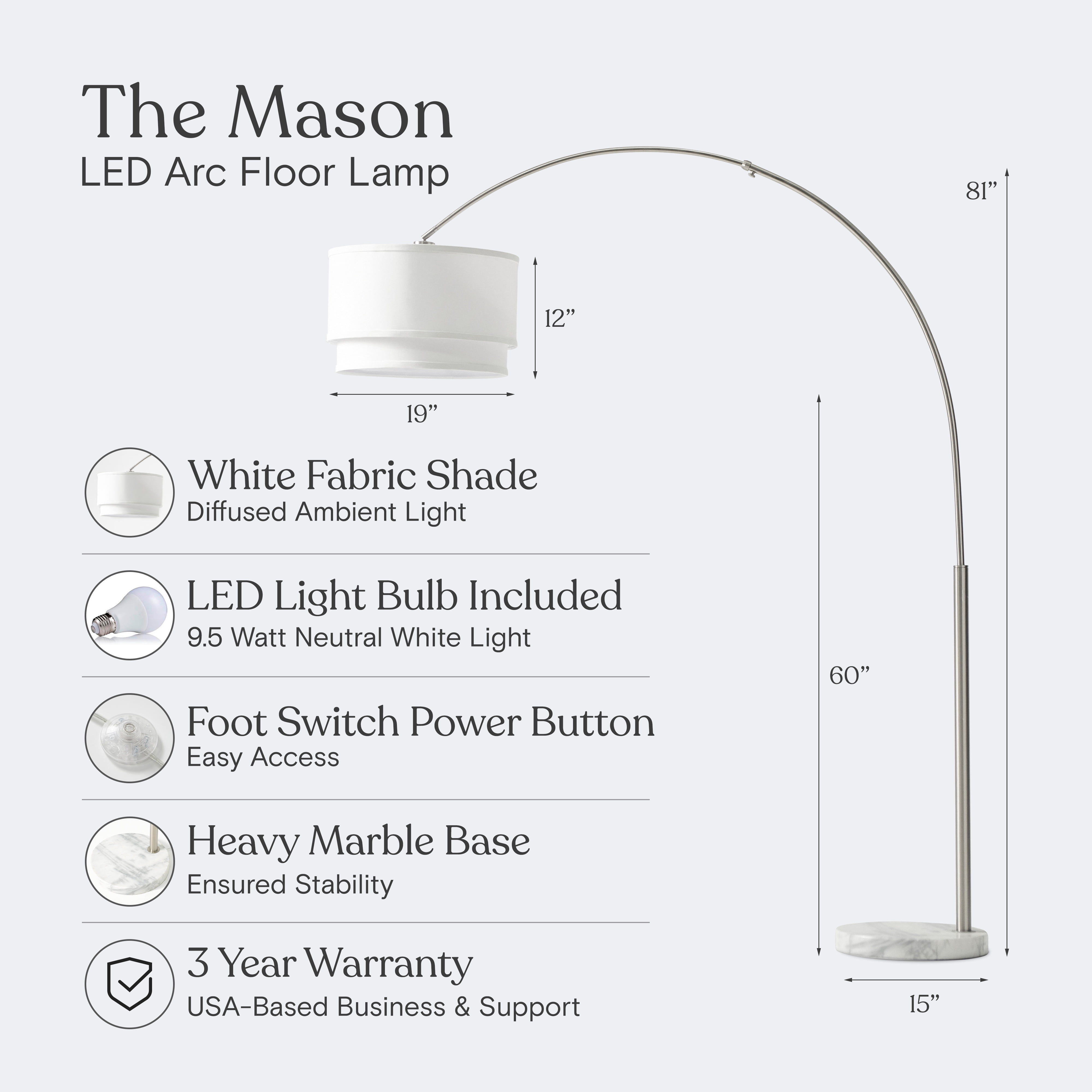 Brightech Mason 81" Modern Extendable Arm LED Floor Lamp with 2-Tiered White Fabric Shade and Marble Base - Nickel