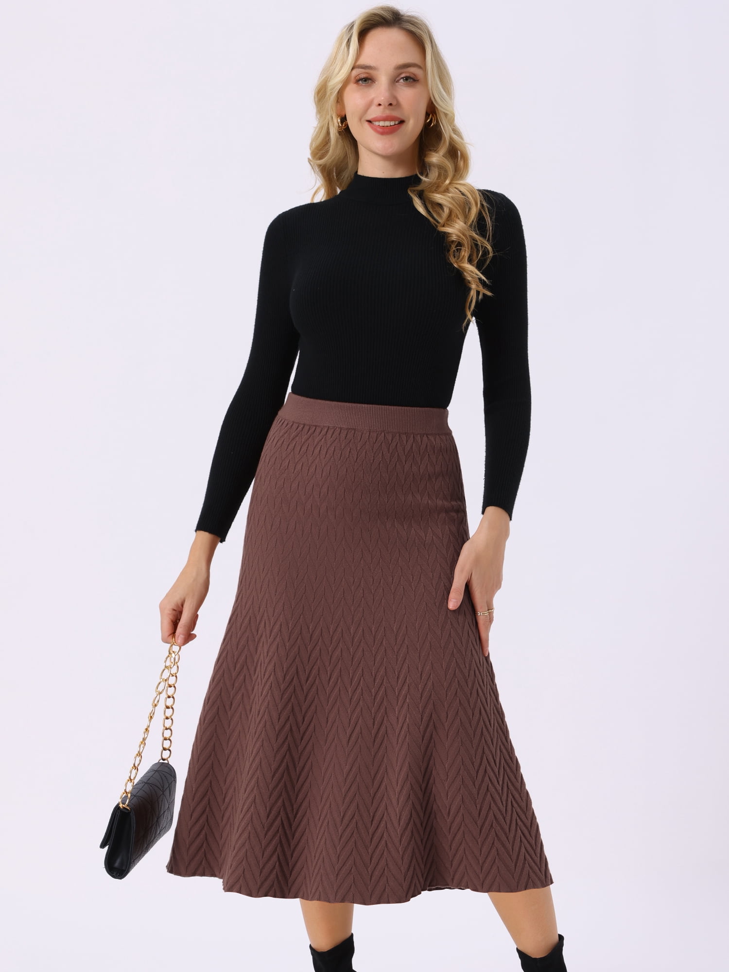 DARING DIVA Women's A-Line Skirts Stretchy Sweater Midi Skirt XL Coffee