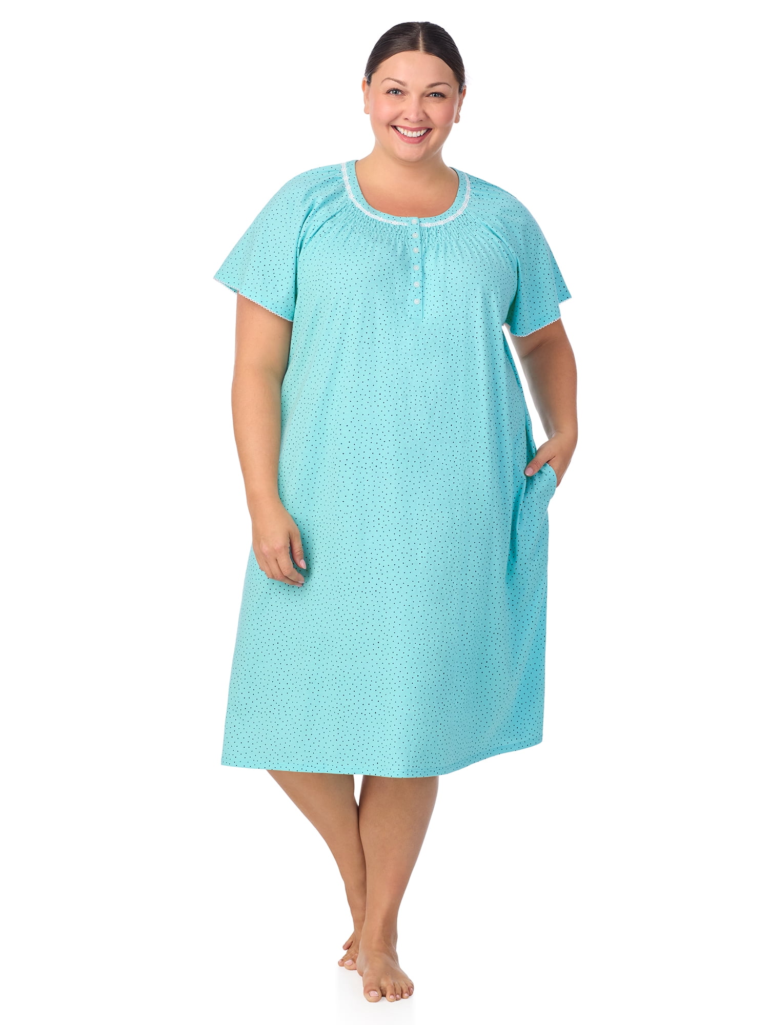 Aria Women's 100% Cotton Raglan Sleeve Smocked Neck Sleepwear 40" Gown, Sizes XS-5X
