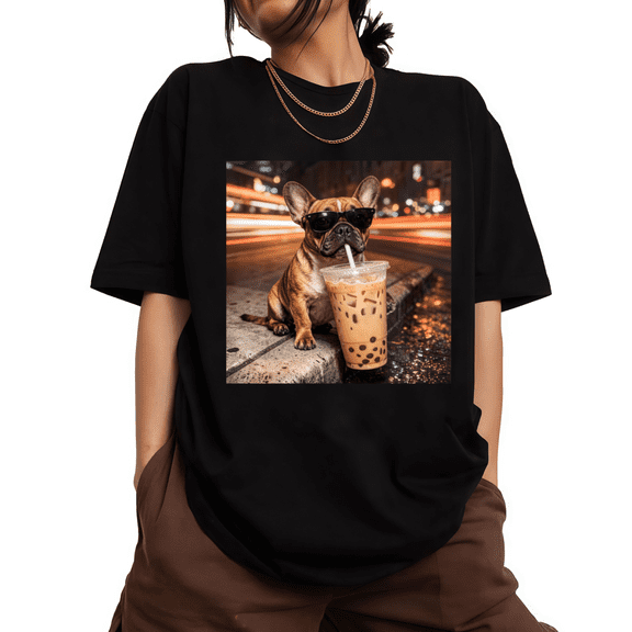 UNISHE Women's Evening Urban Frenchie Bubble Tea Art Graphic Short-Sleeve T-Shirt Black Size S-5XL Crewneck Tops