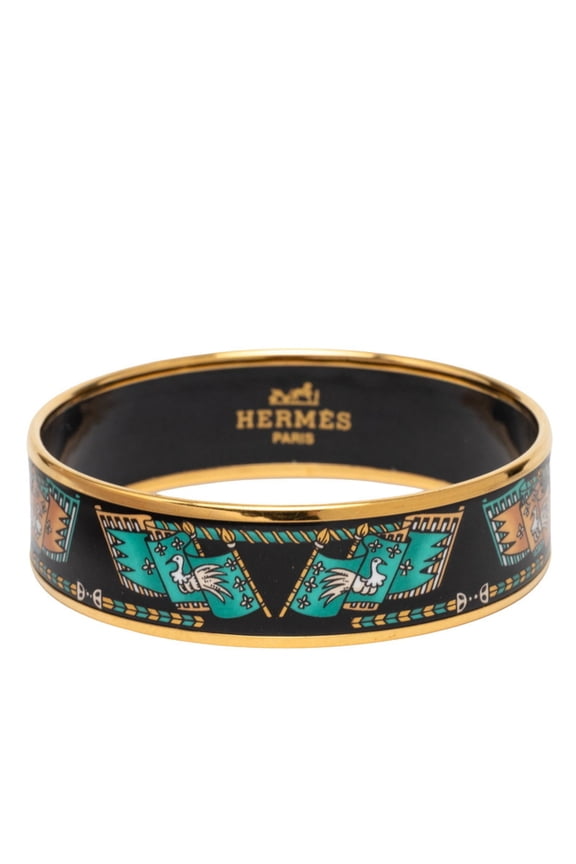 Pre-Owned Hermes Enamel GM Cloisonn Bracelet Bangle Gold Black Plated Women's HERMES
