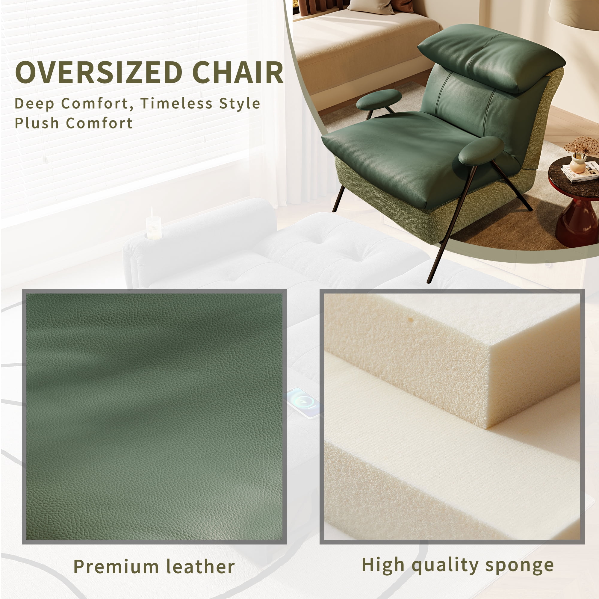 Howcool Modern Upholstered Accent Chair,Armchair with Wide Cushioned Seat,Ergonomic Lounge Chair with Solid Wood Frame for Living Room,Bedroom,Green