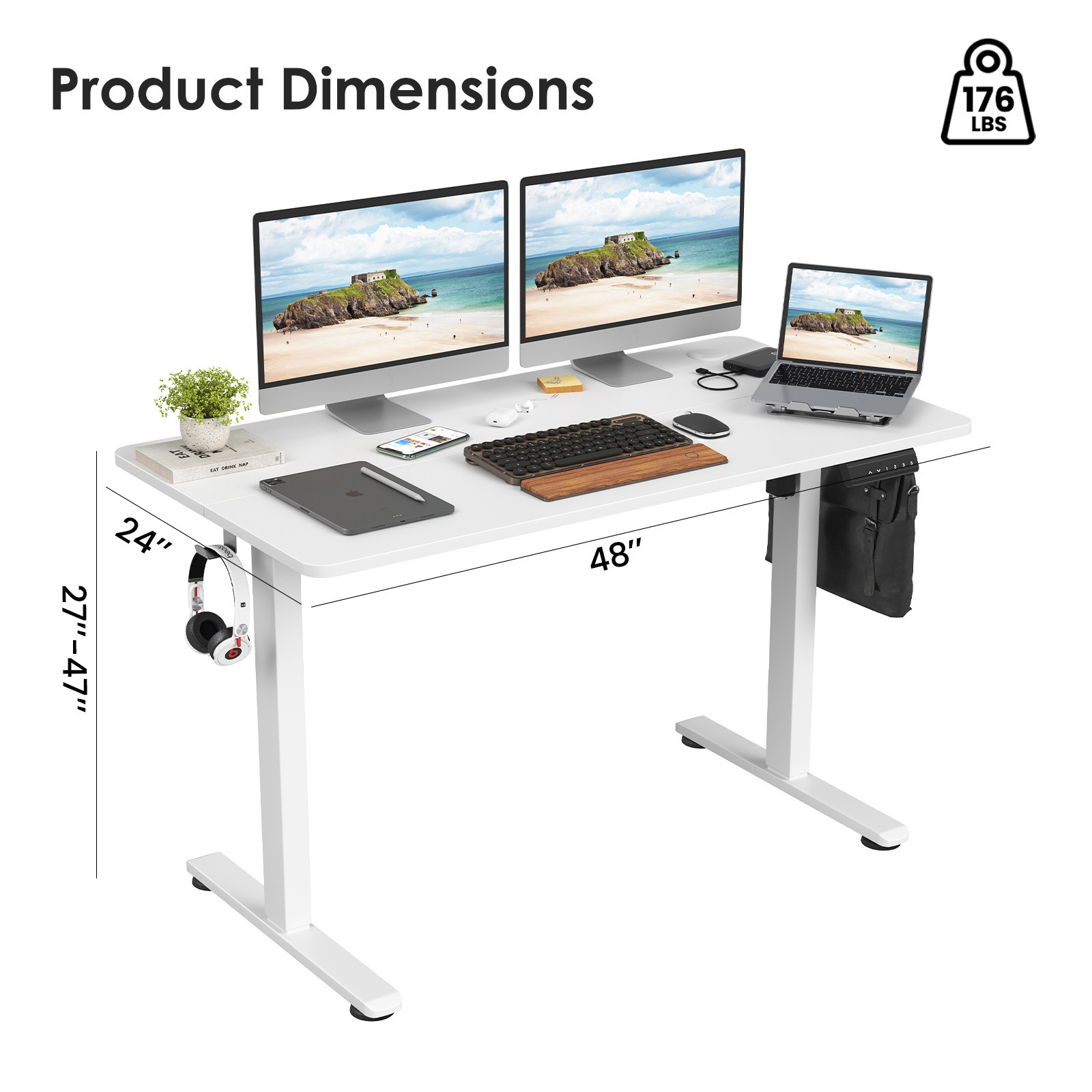 48" x 24" Electric Standing Desk Adjustable Height Sit Stand Home Office Desk with 4 Memory Keys, White