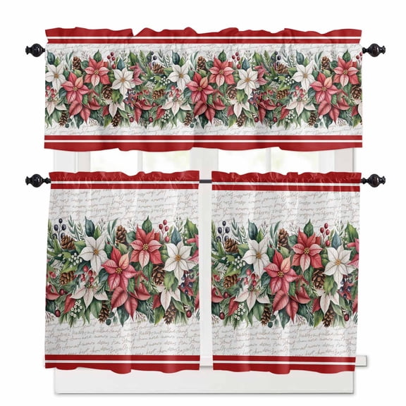 Red White Flowers Kitchen Curtains and Valances Set, Holly Leaves Pine Cone Red Stripes Letter Rod Pocket Window Valance Window Curtain Panels for Living Room Bedroom Laundry, 27.5x24in, 3 Pieces
