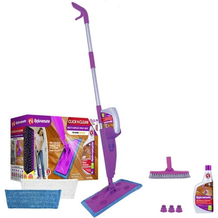 Click N Clean Multi-Surface Spray Mop System Complete Bundle Includes Free Click-On Pro Grade Grout Brush 2 x Reusable Microfiber Pads 1 x 32oz No-Bucket Floor Cleaner Rejuvenate -