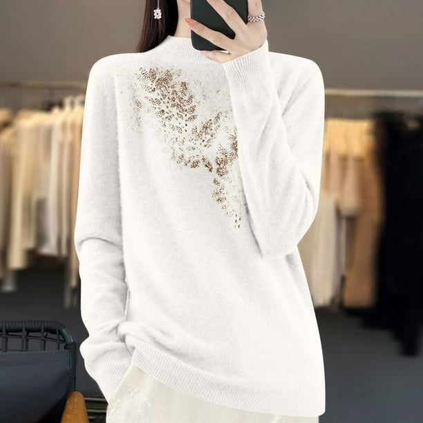 Suéter de cuello alto para mujer, color liso, con diamantes de imitación, cuello medio alto, suéter de punto, blusa para mujer