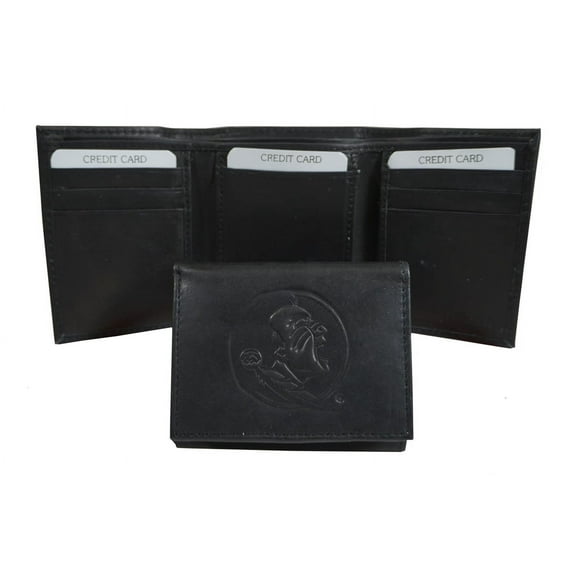Florida State FSU NCAA Seminole's Embossed Trifold Wallet - Black Leather - with Worn Distressed Look