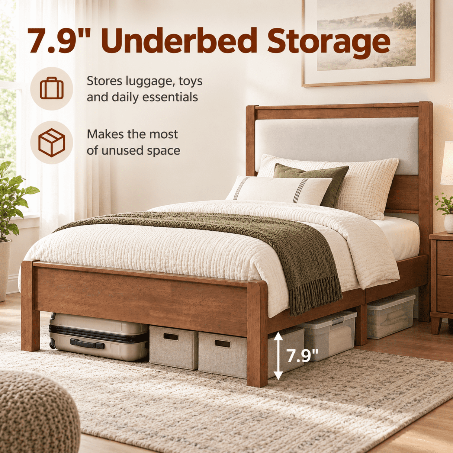 Miniyam Twin XL Rubberwood Platform Bed Frame with Padded Upholstered Headboard, Brown