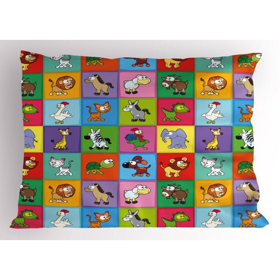 Ambesonne Cartoon Pillow Sham, Funny Young Animals, 36" X 20", Multicolor