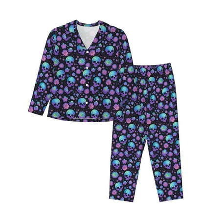 Horeoi purple Skull flower Pattern Fashion Long Sleeve Button Cardigan Pajamas Set Loose Two-Piece Sleepwear For Women with Long Pants-Large