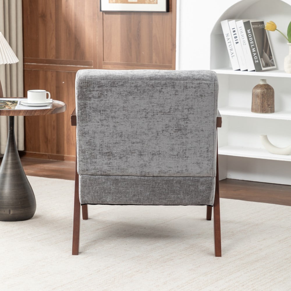 Mid Century Modern Accent Chair, Upholstered Reading Armchair with Rubber Wood Frame, Soft Fabric, Curved Arms for Living Room, Bedroom & Office, Light Gray