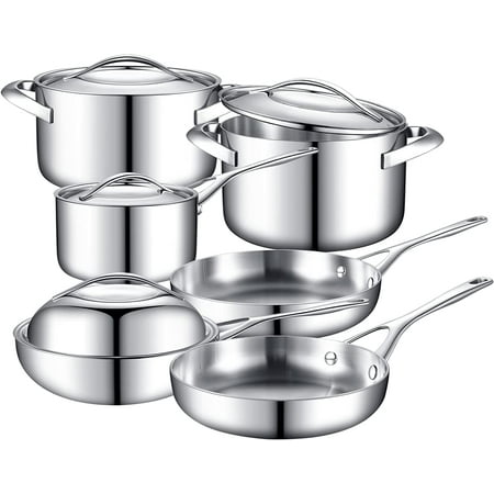 

Pots and Pans Set 10-Piece Tri-Ply Fully Clad Stainless Steel Kitchen Cookware with Saucepan Skillet Stockpot Frying Pan and Lids Suits for All Stoves Oven and Dishwasher Safe Professional