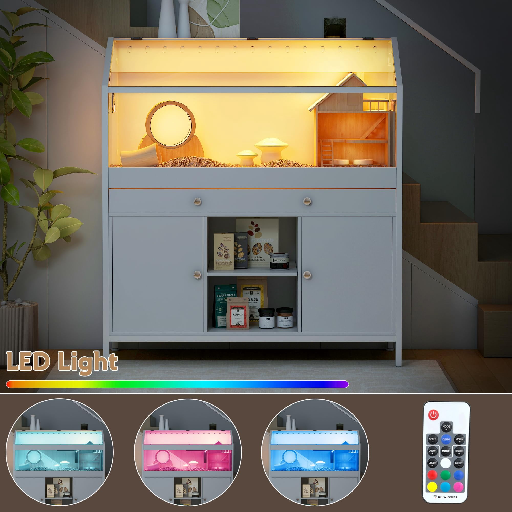 Akaber 43.3" Small Animal Cage with Storage Cabinet, Large Habitat with LED Light and Fan, Acrylic Panels