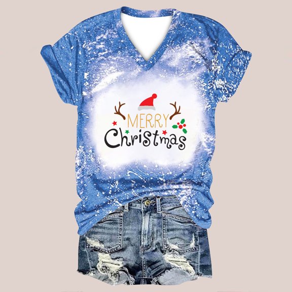 SDJMa Women's Classic-Fit 100% Cotton Short-Sleeve T-Shirt Women Casual Print Christmas Loose Short Sleeve V-Neck Tops