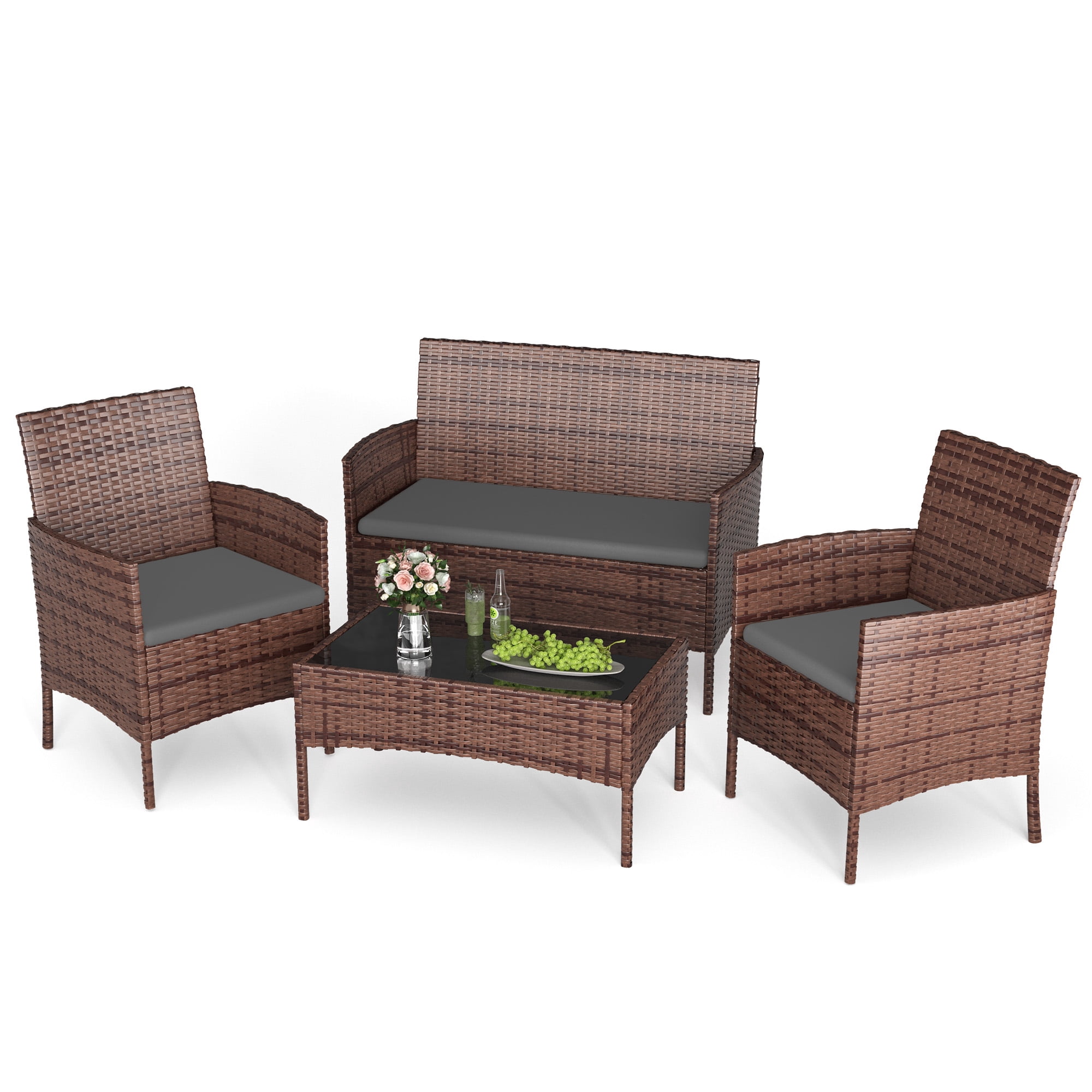 MRUAKA Patio Furniture Set 4 Pieces Porch Furniture Outdoor Modular Wicker Patio Sectional Conversation Furniture Set for Backyard,Porch,Garden,Poolside and Balcony(Grey)