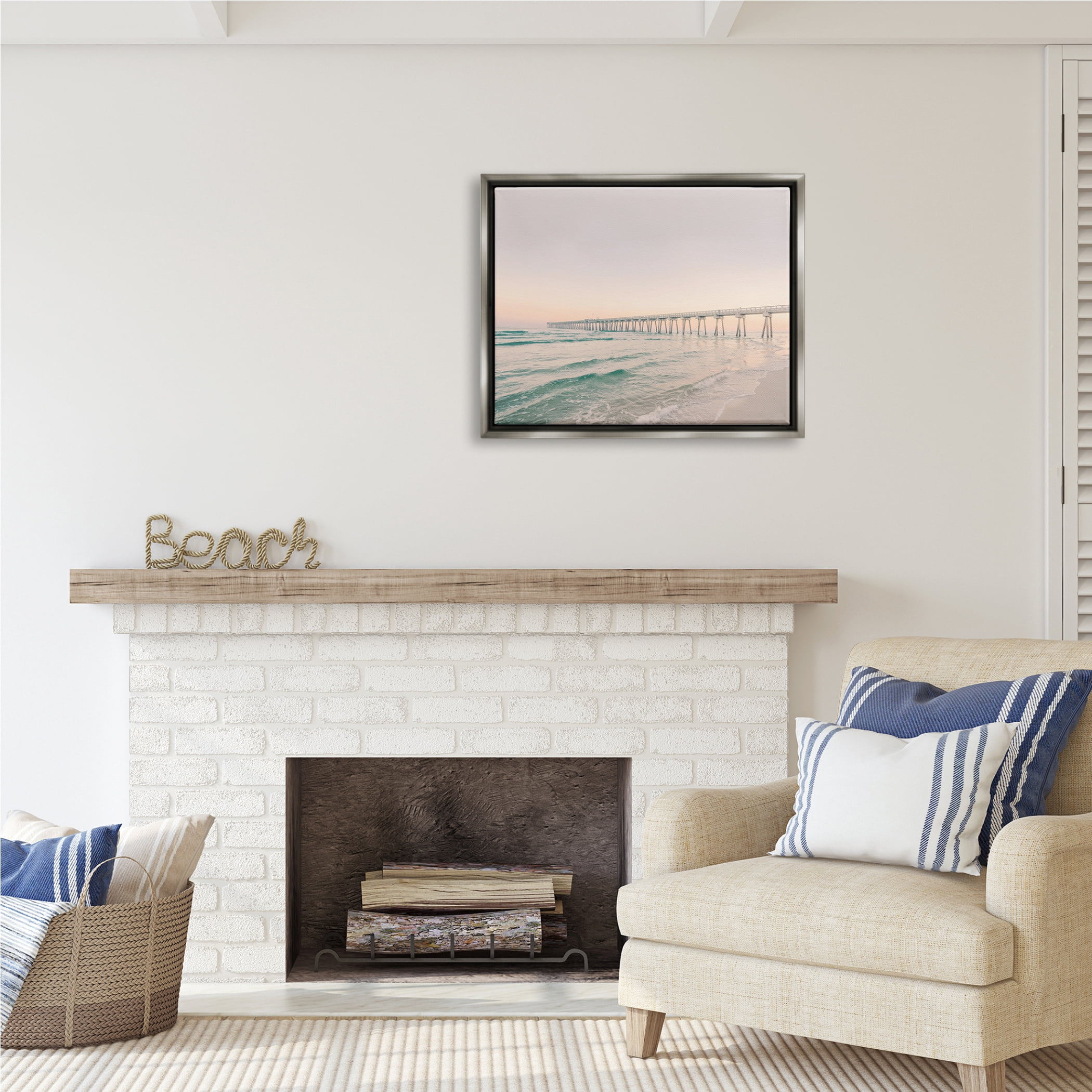 Stupell Industries Beach Pier Bridge Landscape Nature Photography Gray Floater Framed Art Print Wall Art, 31 x 25