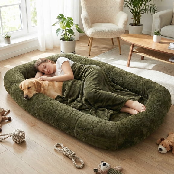 Human Size Dog Bed Extra Large Pet Bed for Humans Washable Plush Faux Fur Sofa with Removable Cover Storage Bag 71x47x12in