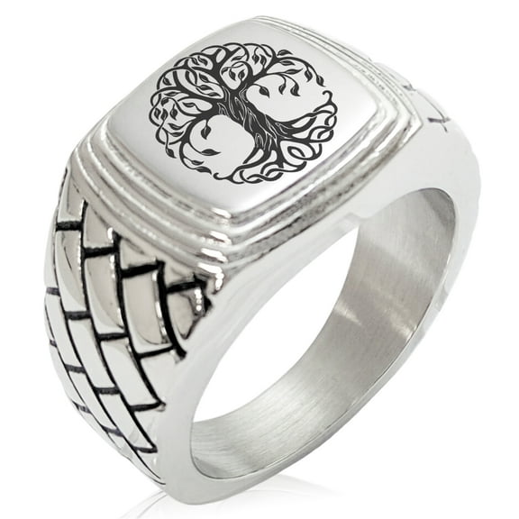 Tioneer Stainless Steel Celtic Knot Tree of Life Geometric Pattern Step-Down Biker Style Polished Ring