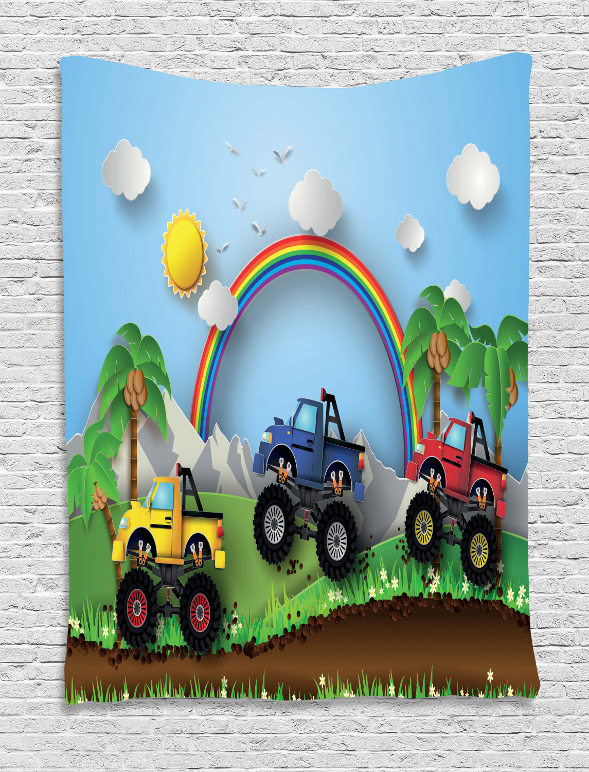 Monster Truck Tapestry Graphic Colorful Monster Trucks Racing On Skid Trail In Exotic Environment Wall Hanging For Bedroom Living Room Dorm Decor