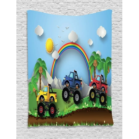 Monster Truck Tapestry Graphic Colorful Monster Trucks Racing On