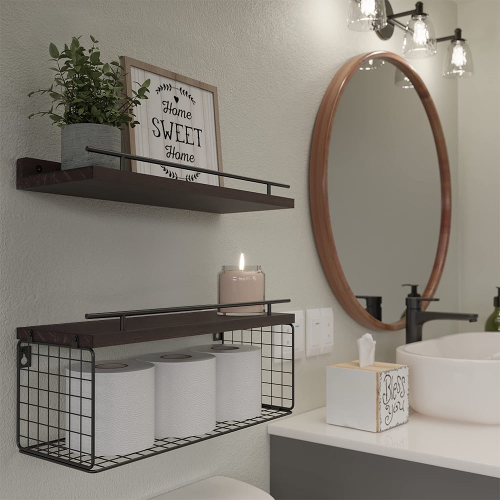 Set of 2 Wall Shelf, 15.7"L Floating Shelves with Wire Basket for Wall Decor, Boho Rustic Wood Wall Shelves Clearance Toilet Storage Shelf for Bathroom, Bedroom, Home, Farmhouse and Plant - Brown
