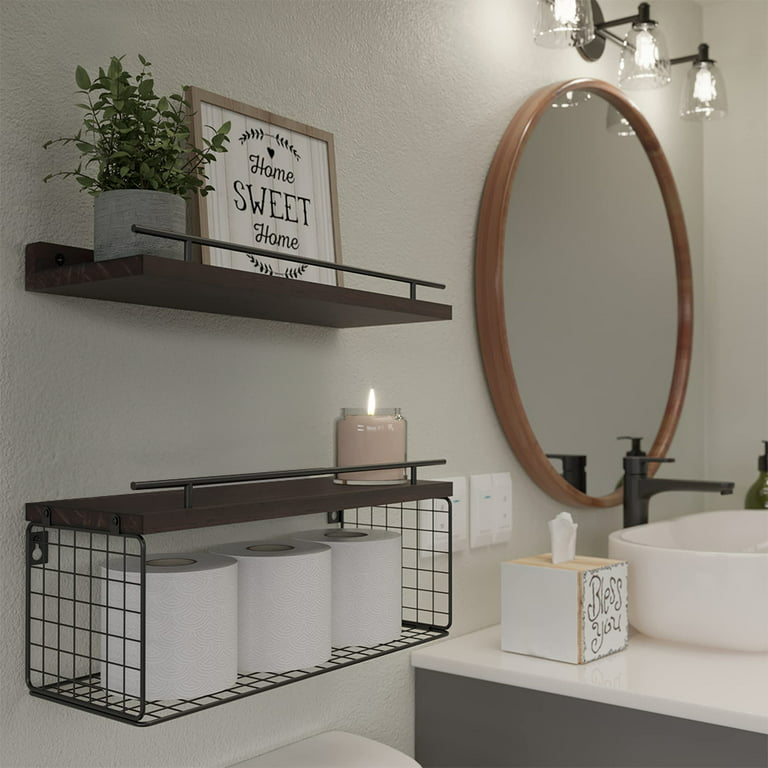 16.5 in. W x 6 in. D White Wood Floating Bathroom Shelves Wall Mounted with Wire Basket Decorative Wall Shelf