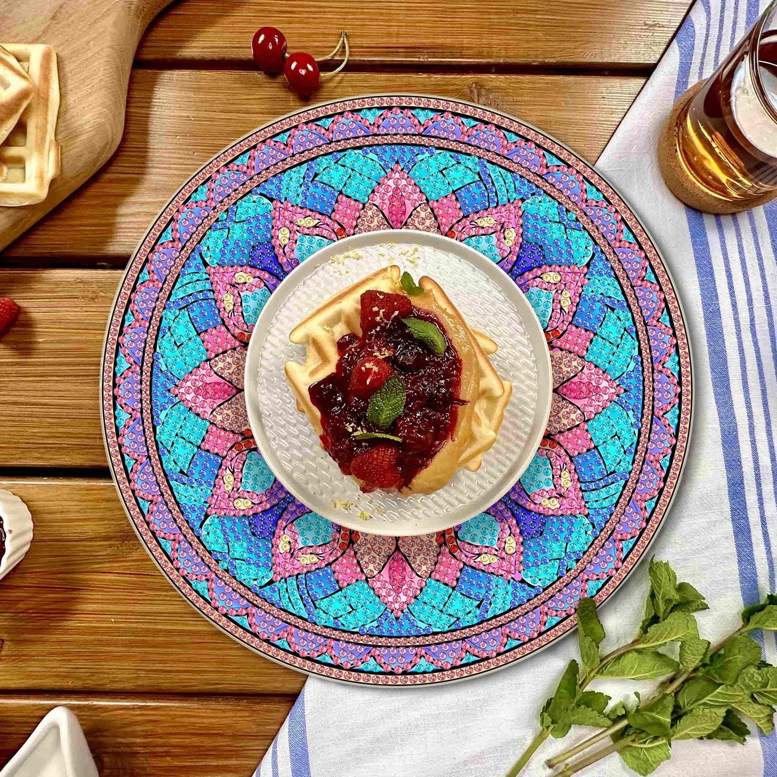FLOPESN 4 Pcs Diamond Art Painting Coasters,Acrylic Single-Sided Dotted Diamond Dinner Plate Set for Restaurant Decoration-Mandola