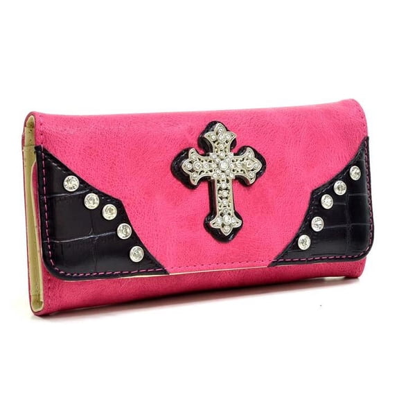 Gold Rush WC99-FU Western Rhinestone Cross Accent Wallet - Fuchsia