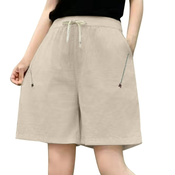 Generic Women's Shorts High Waisted Casual Summer Shorts with Pockets Elastic Waist Drawstring Loose Fit Cotton Linen Shorts